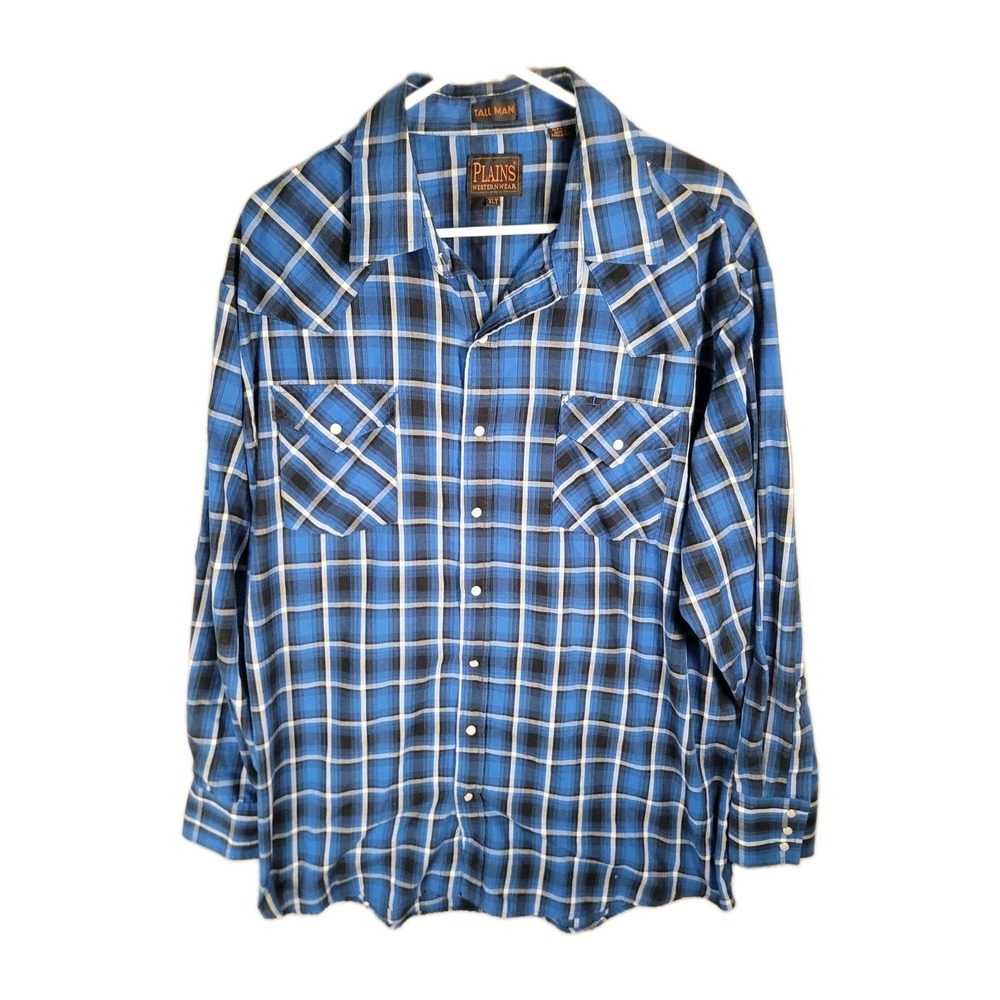 Plains Mens XLT Western Pearl Snap Shirt Blue Black Plaid Cowboy Rodeo Work Tall